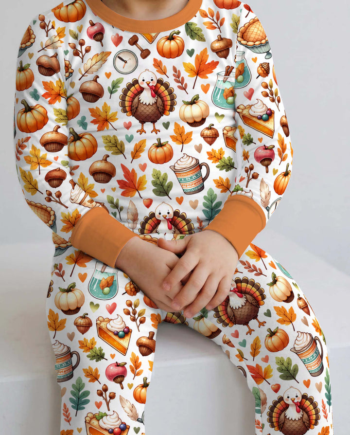Thanksgiving Turkey Pumpkin Pie Bamboo Two Piece Long Sleeve Pajama Set
