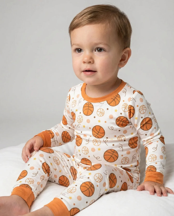 Orange Basketball Bamboo Two Piece Pajama Set