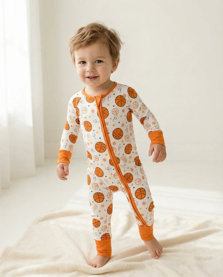 Orange Basketball Bamboo Convertible Zippered Romper