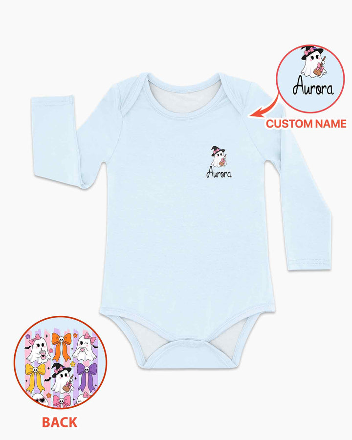 Personalized Pink Bow Ghost Coquette Halloween Bamboo Bodysuit