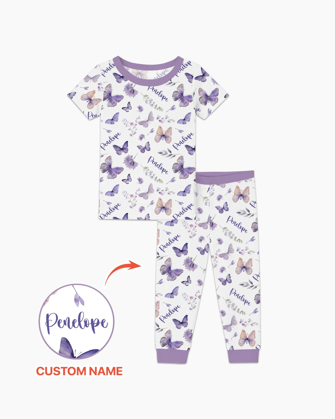 Custom Name Lilac Bloom Bamboo Two Piece Short Sleeve Pajama Set