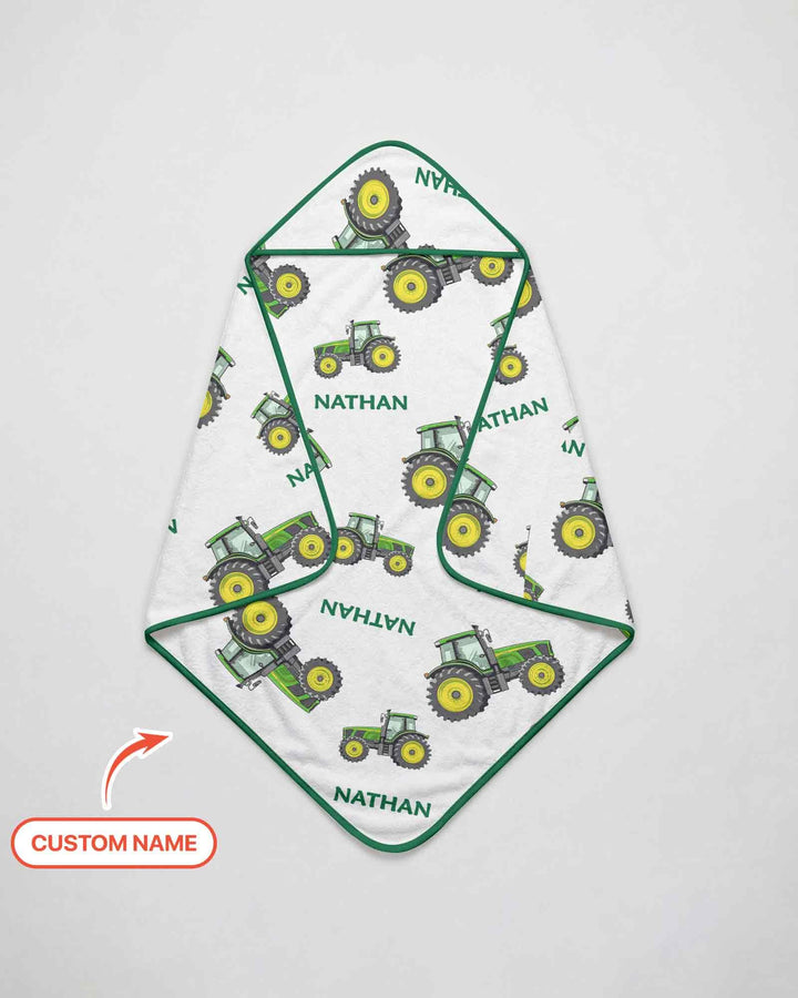 Custom Name Green Tractors Matching Daddy & Me Hooded Bamboo Towel Set