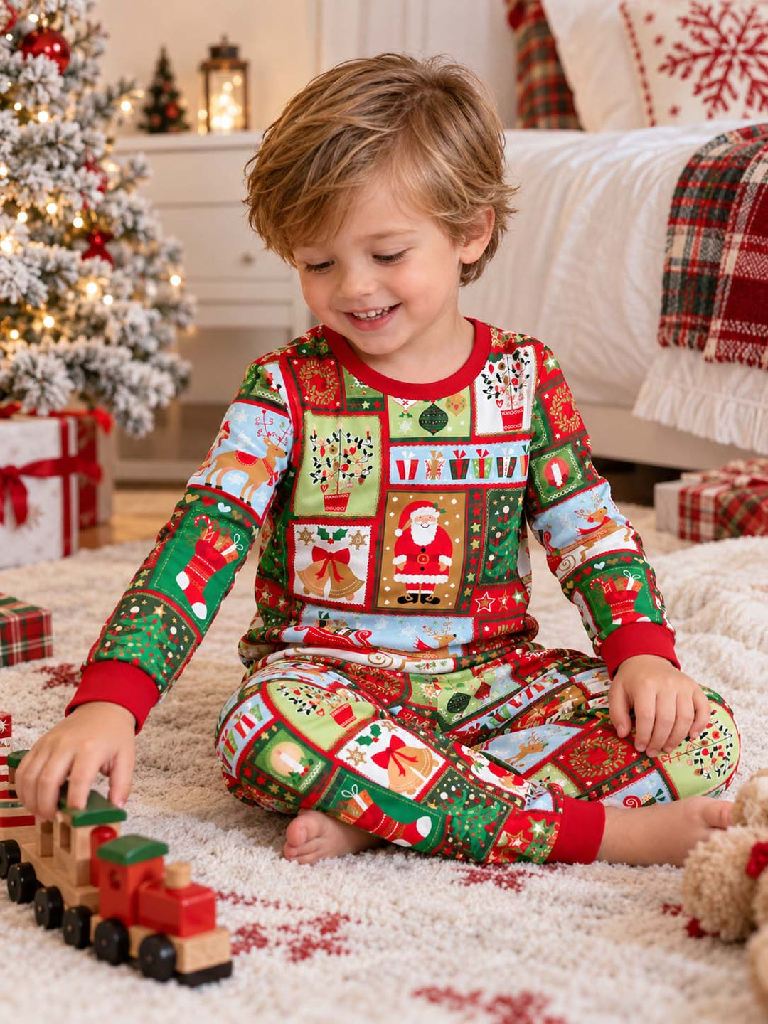 Traditional Christmas Patchwork Bamboo Two Piece Long Sleeve Pajama Set