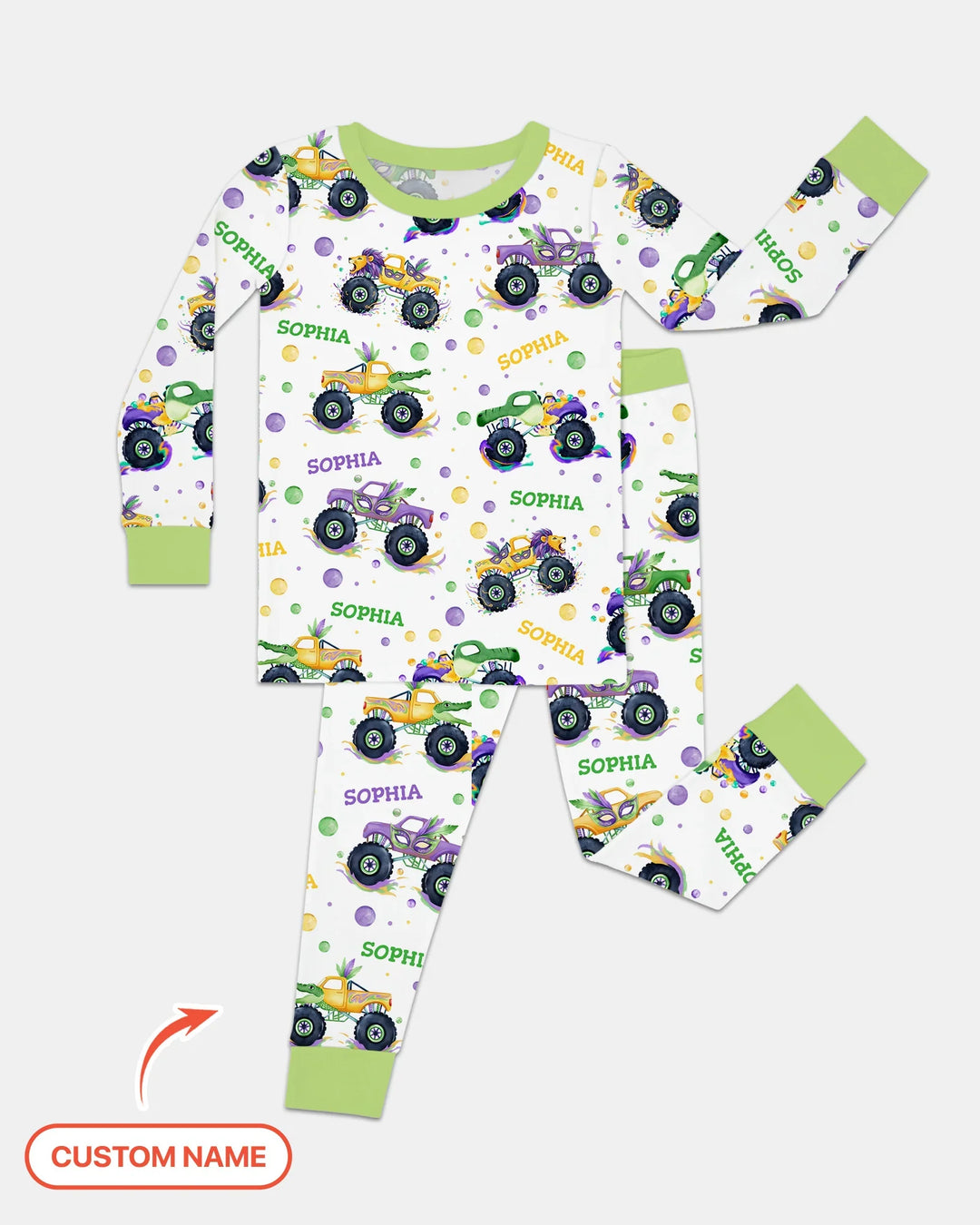 Custom Name Mardi Gras Monster Trucks Bamboo Two Piece Long Sleeve Pajama Set