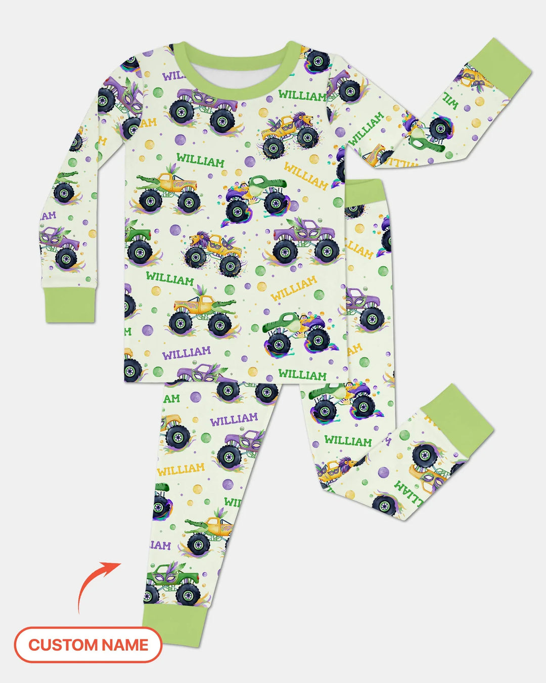 Custom Name Mardi Gras Monster Trucks Bamboo Two Piece Long Sleeve Pajama Set