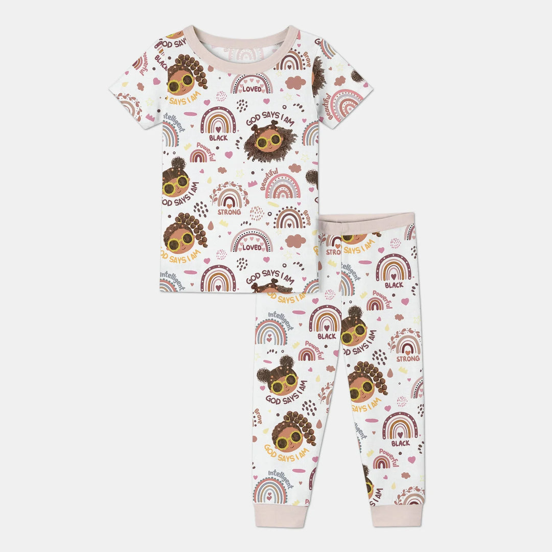 Afro African American Girl Bamboo Two Piece Short Sleeve Pajama Set