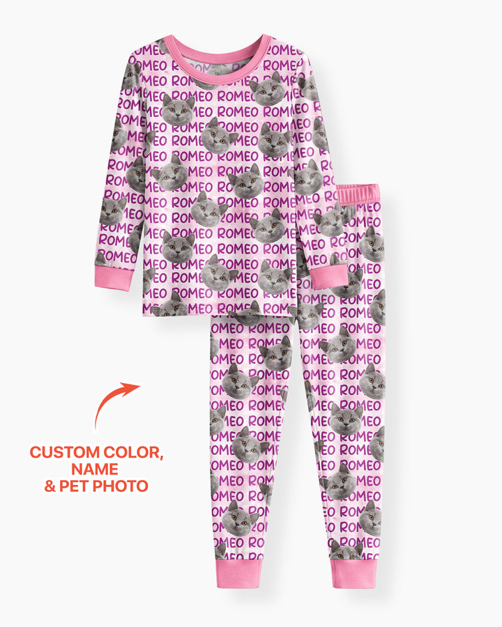 Custom Pet Photo With Name Watercolor Bamboo Two Piece Long Sleeve Pajama Set