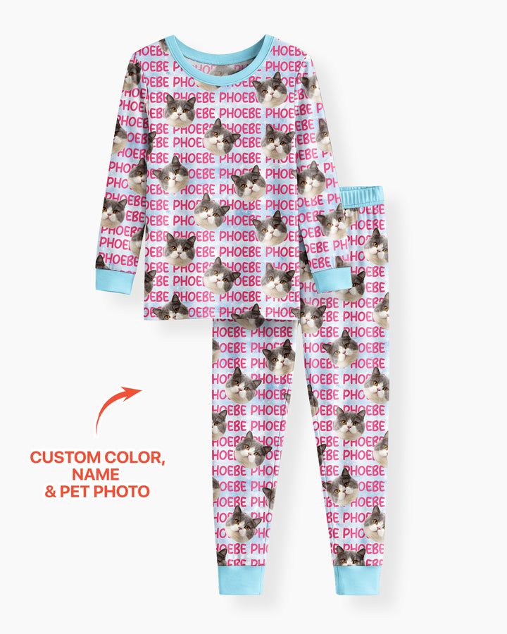 Custom Pet Photo With Name Watercolor Bamboo Two Piece Long Sleeve Pajama Set