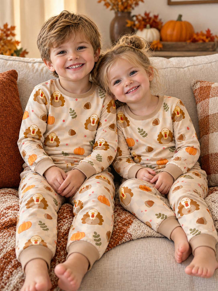 Turkey Pumpkin Checkered Bamboo Two Piece Long Sleeve Pajama Set