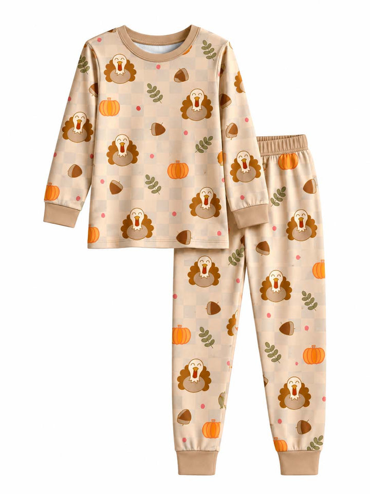 Turkey Pumpkin Checkered Bamboo Two Piece Long Sleeve Pajama Set