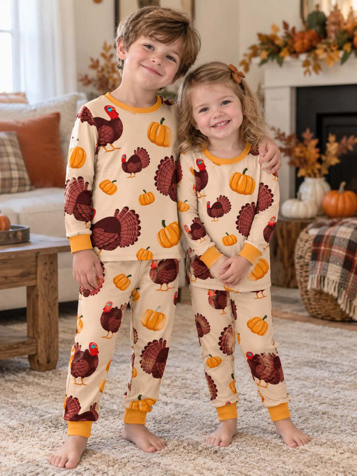 Turkey Pumpkin Thanksgiving Pattern Bamboo Two Piece Long Sleeve Pajama Set