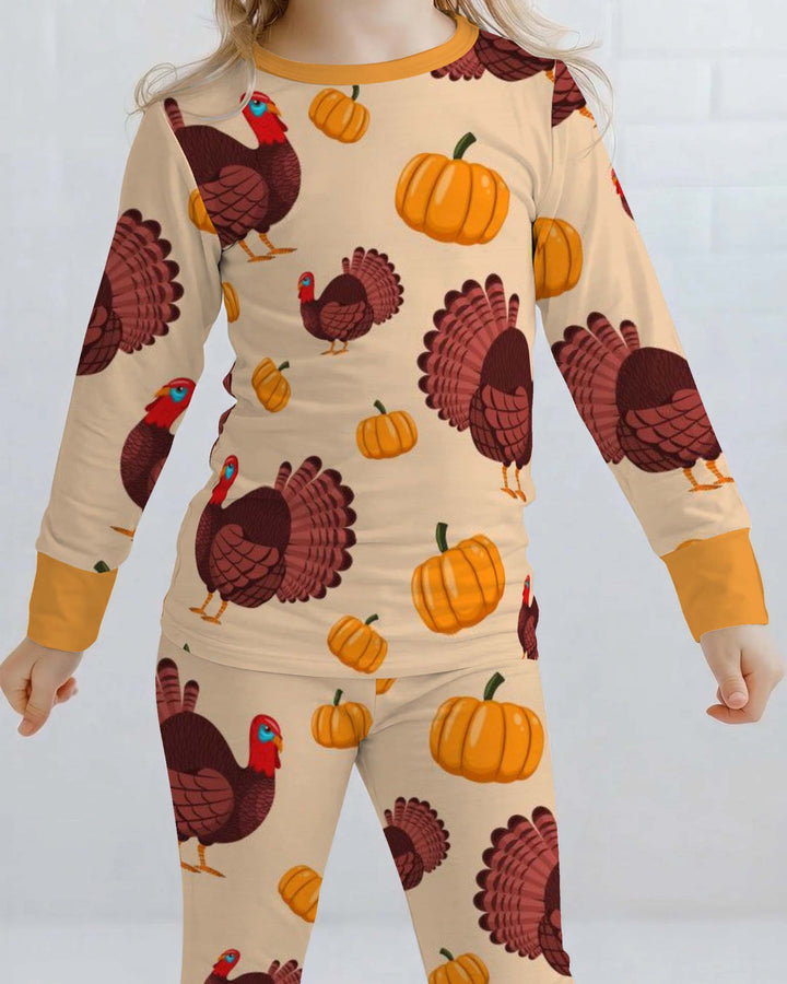 Turkey Pumpkin Thanksgiving Pattern Bamboo Two Piece Long Sleeve Pajama Set