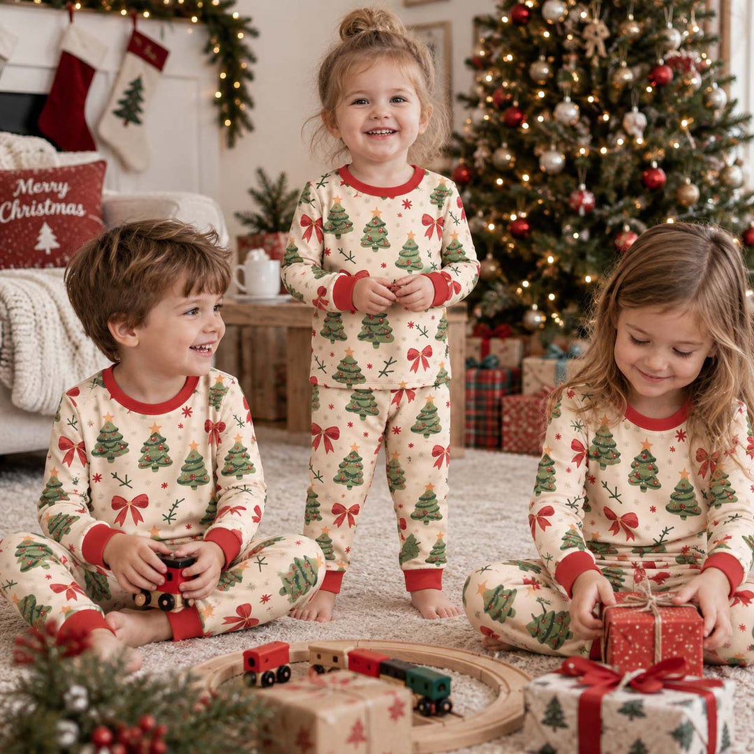Vintage Christmas Trees and Red Bows Bamboo Two Piece Long Sleeve Pajama Set