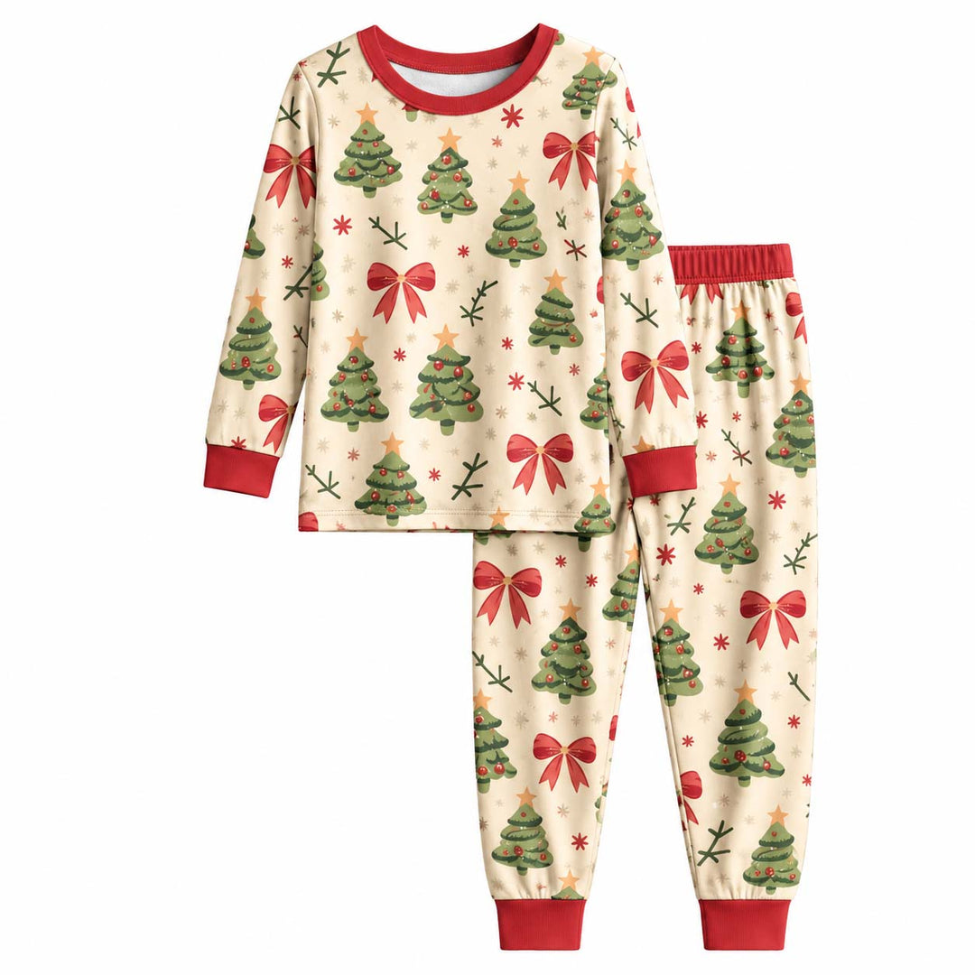 Vintage Christmas Trees and Red Bows Bamboo Two Piece Long Sleeve Pajama Set