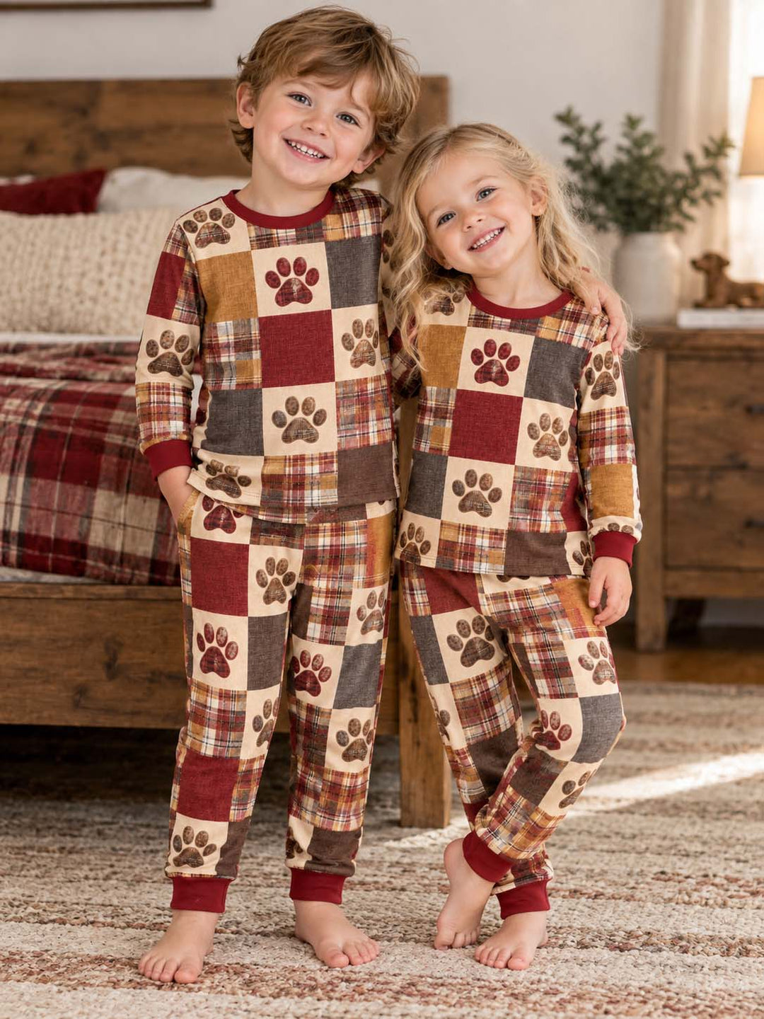 Vintage Plaid Paw Patchwork Bamboo Two Piece Long Sleeve Pajama Set