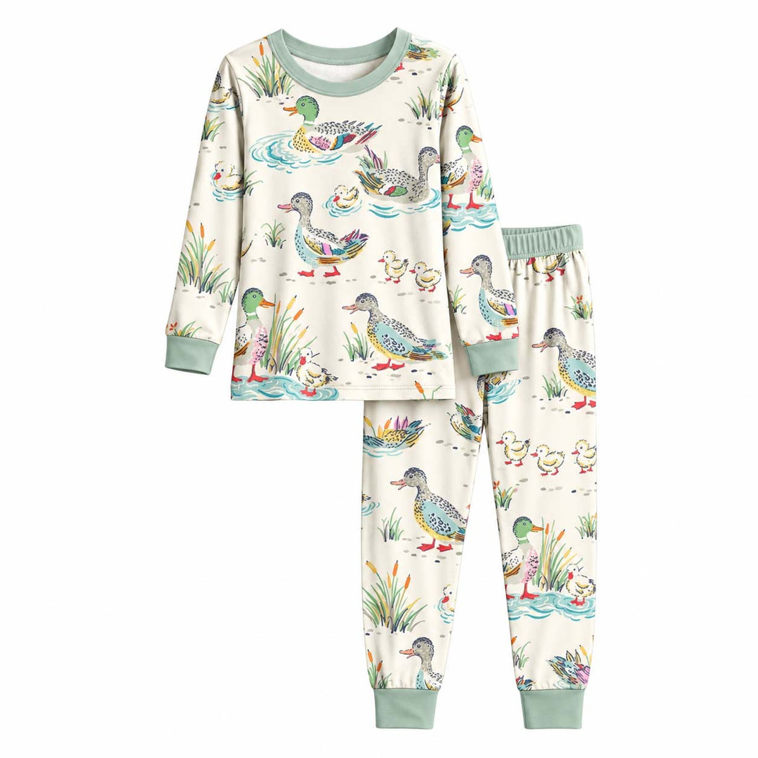 Vintage Pond Duck Family Bamboo Two Piece Long Sleeve Pajama Set