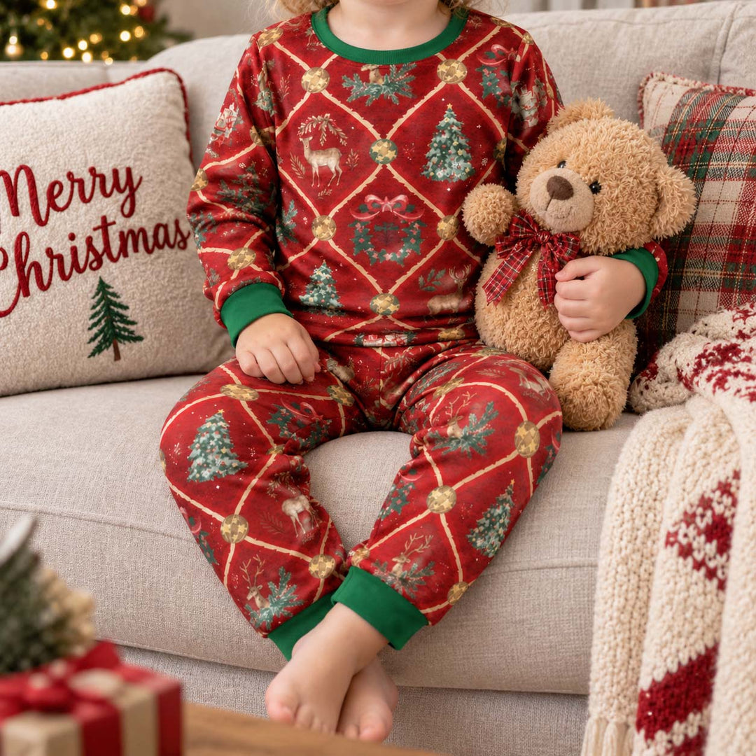 Vintage Reindeer Christmas Trellis Bamboo Two Piece Long Sleeve Pajama Set