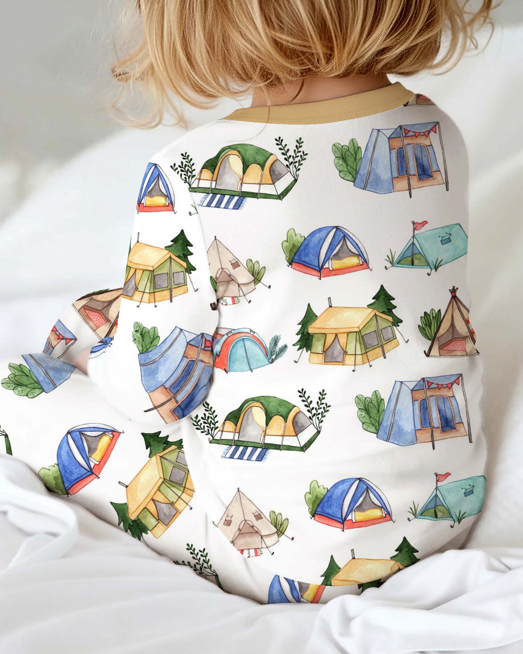 Watercolor Camping Tents Bamboo Two Piece Long Sleeve Pajama Set