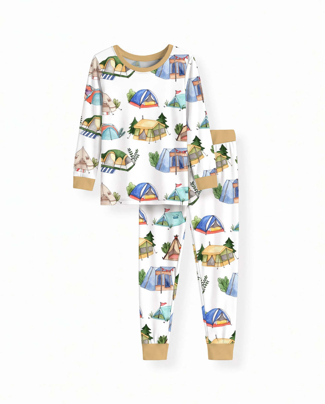 Watercolor Camping Tents Bamboo Two Piece Long Sleeve Pajama Set