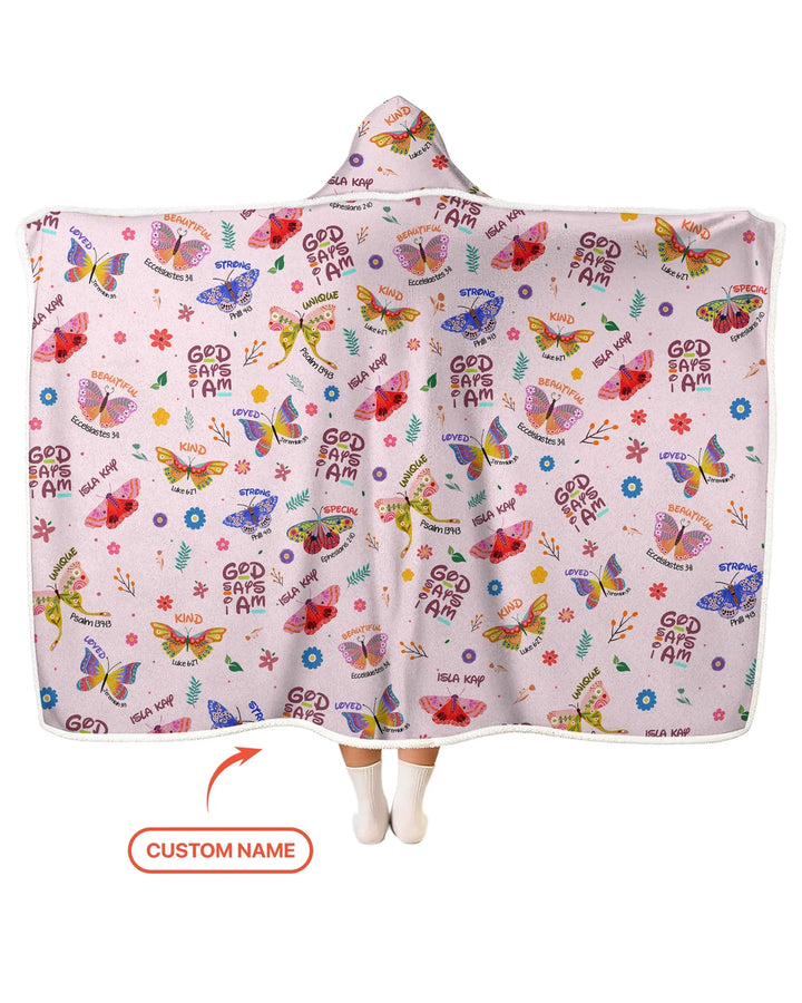 Custom Name God says I am Butterfly Bamboo Wearable Hooded Blanket