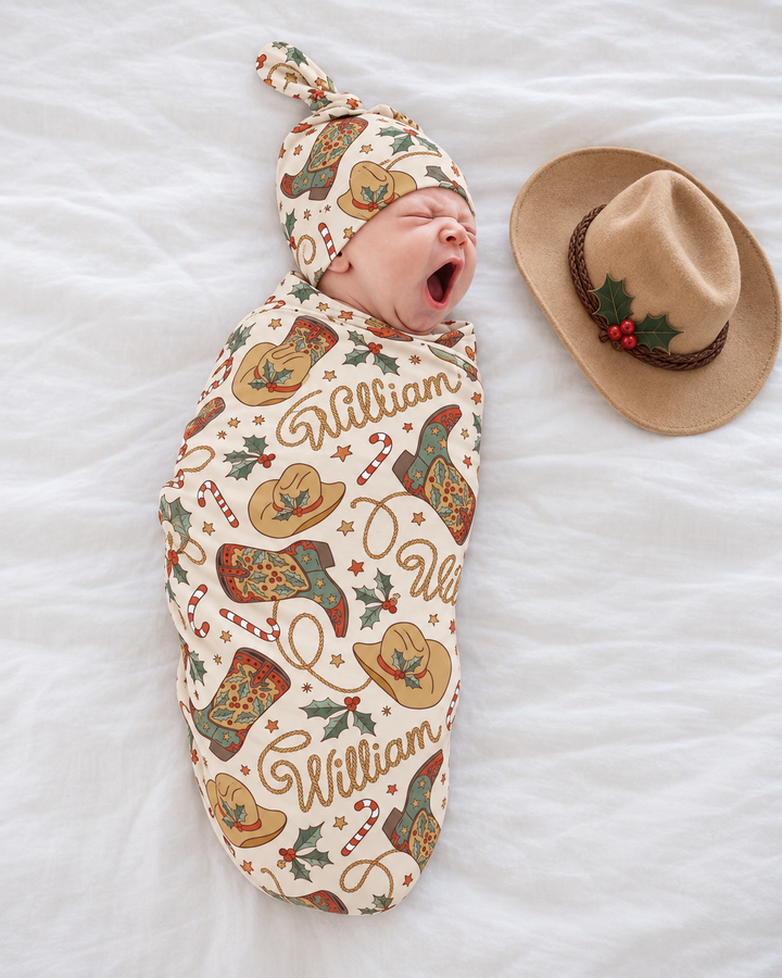 Custom Name Western Christmas Cowboy Bamboo Swaddle Blanket