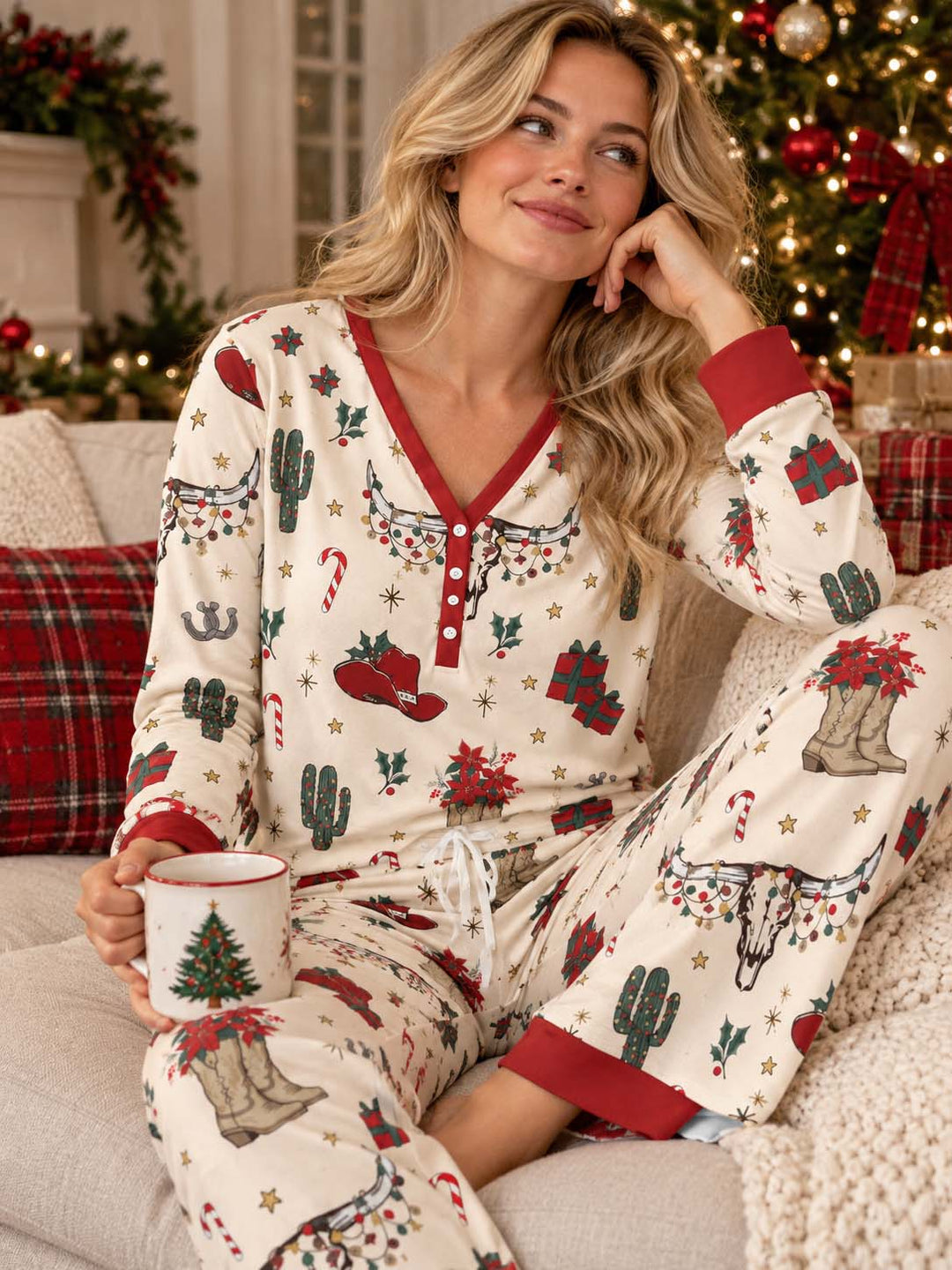 Western Skull Christmas Pattern Bamboo Women Pajama Set