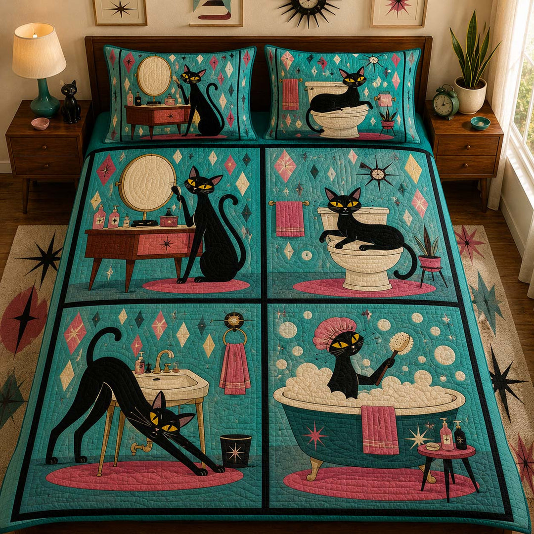 Whimsical Cat Charm Bamboo Quilt Bedding Set