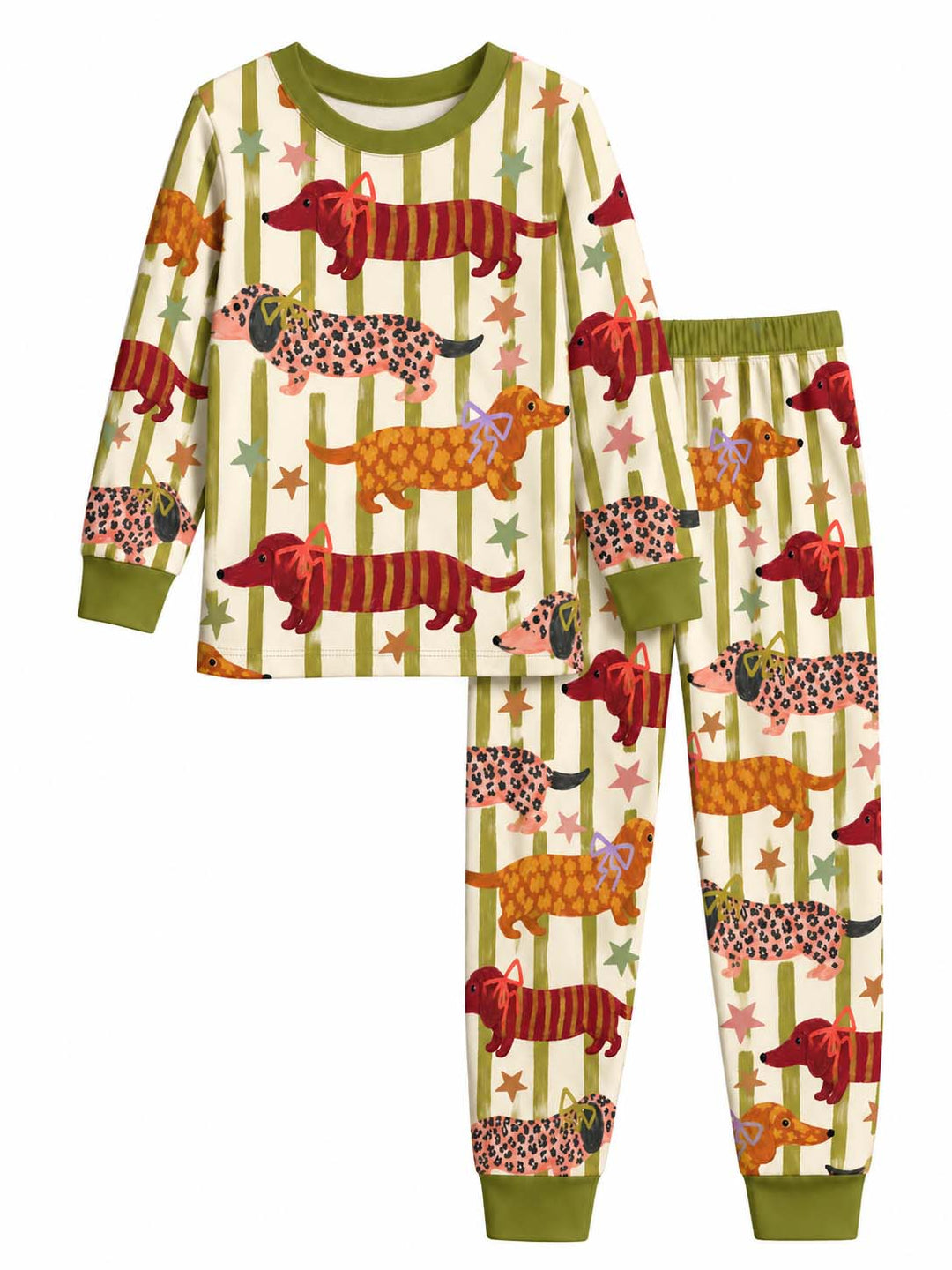 Whimsical Dachshund Bow Bamboo Two Piece Long Sleeve Pajama Set