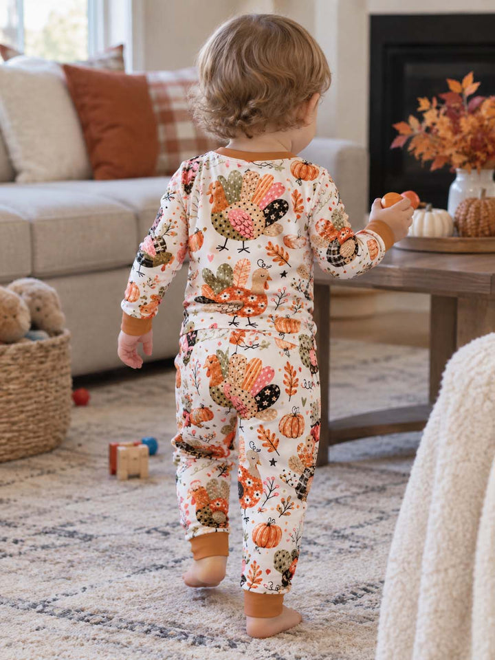 Whimsical Turkey Pumpkin Fall Bamboo Two Piece Long Sleeve Pajama Set