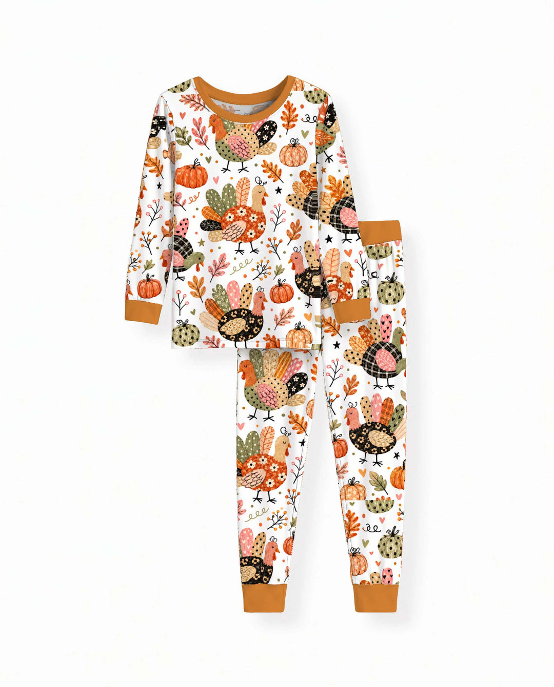 Whimsical Turkey Pumpkin Fall Bamboo Two Piece Long Sleeve Pajama Set