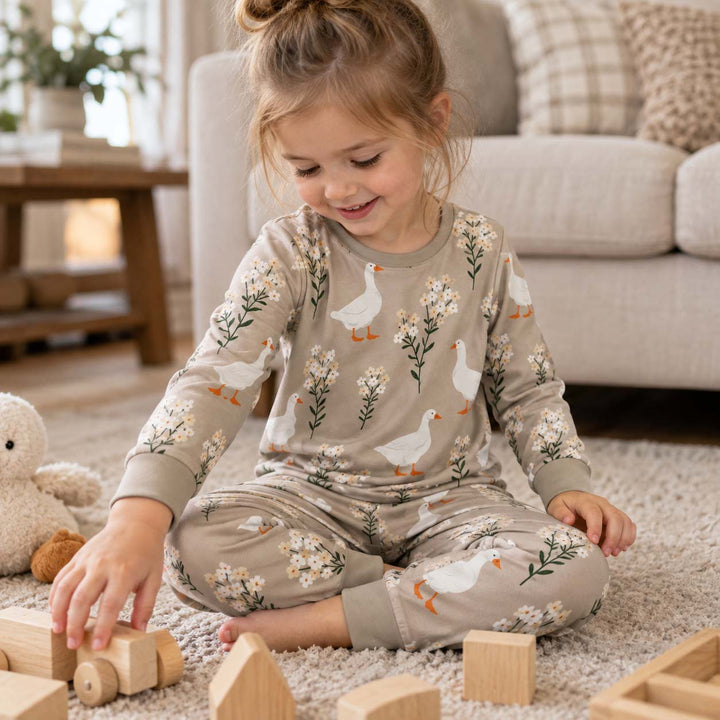 White Ducks and Daisies Bamboo Two Piece Long Sleeve Pajama Set