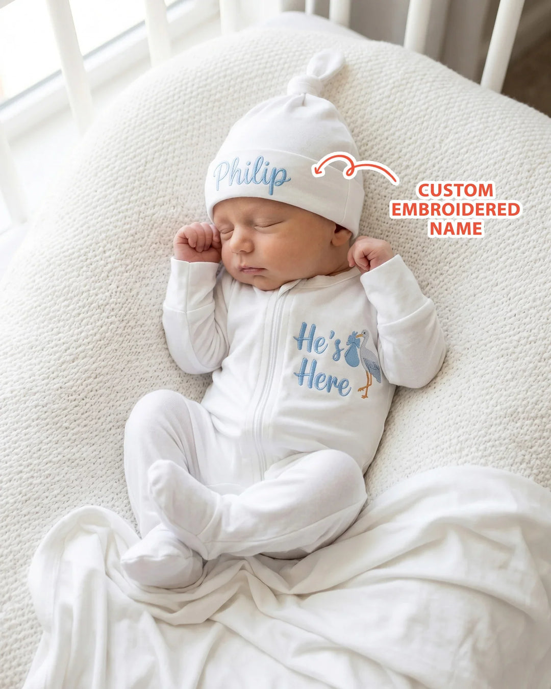 Personalized He's Here Embroidered Bamboo Hat