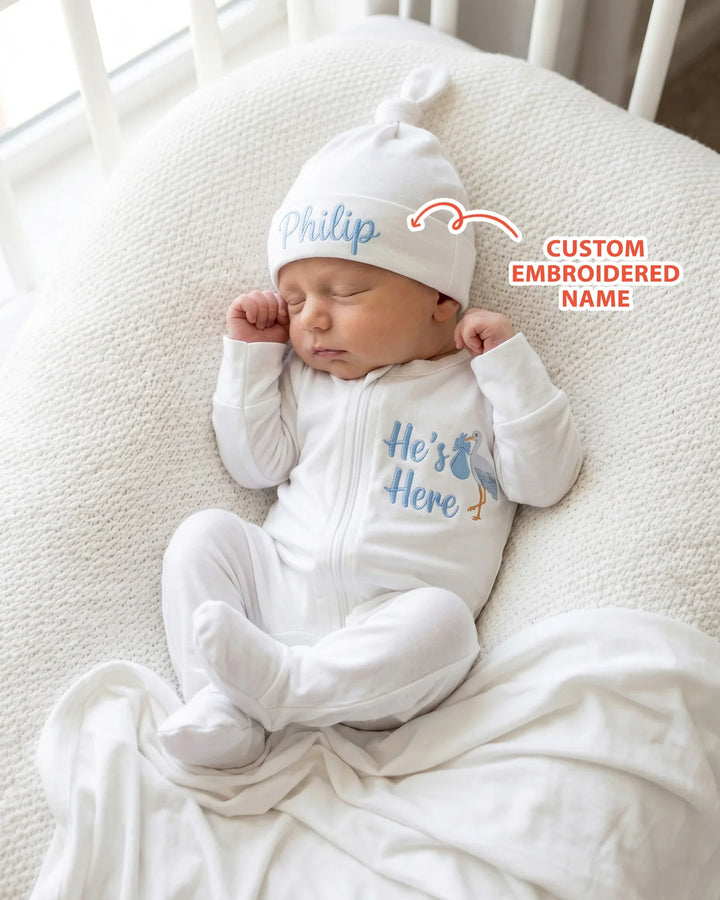 Personalized He's Here Embroidered Bamboo Hat