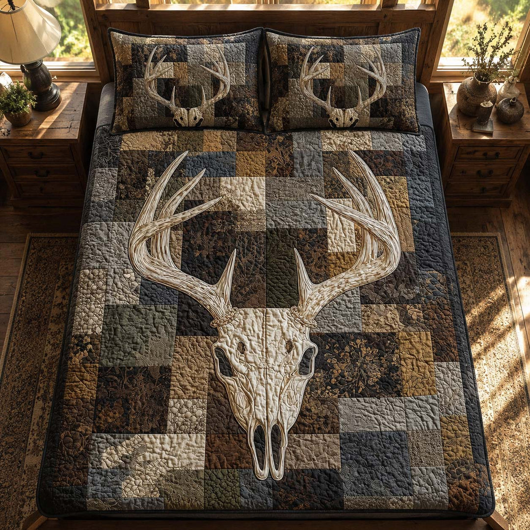 Whitetail Skull Antler Patchwork Bamboo Quilt Bedding Set