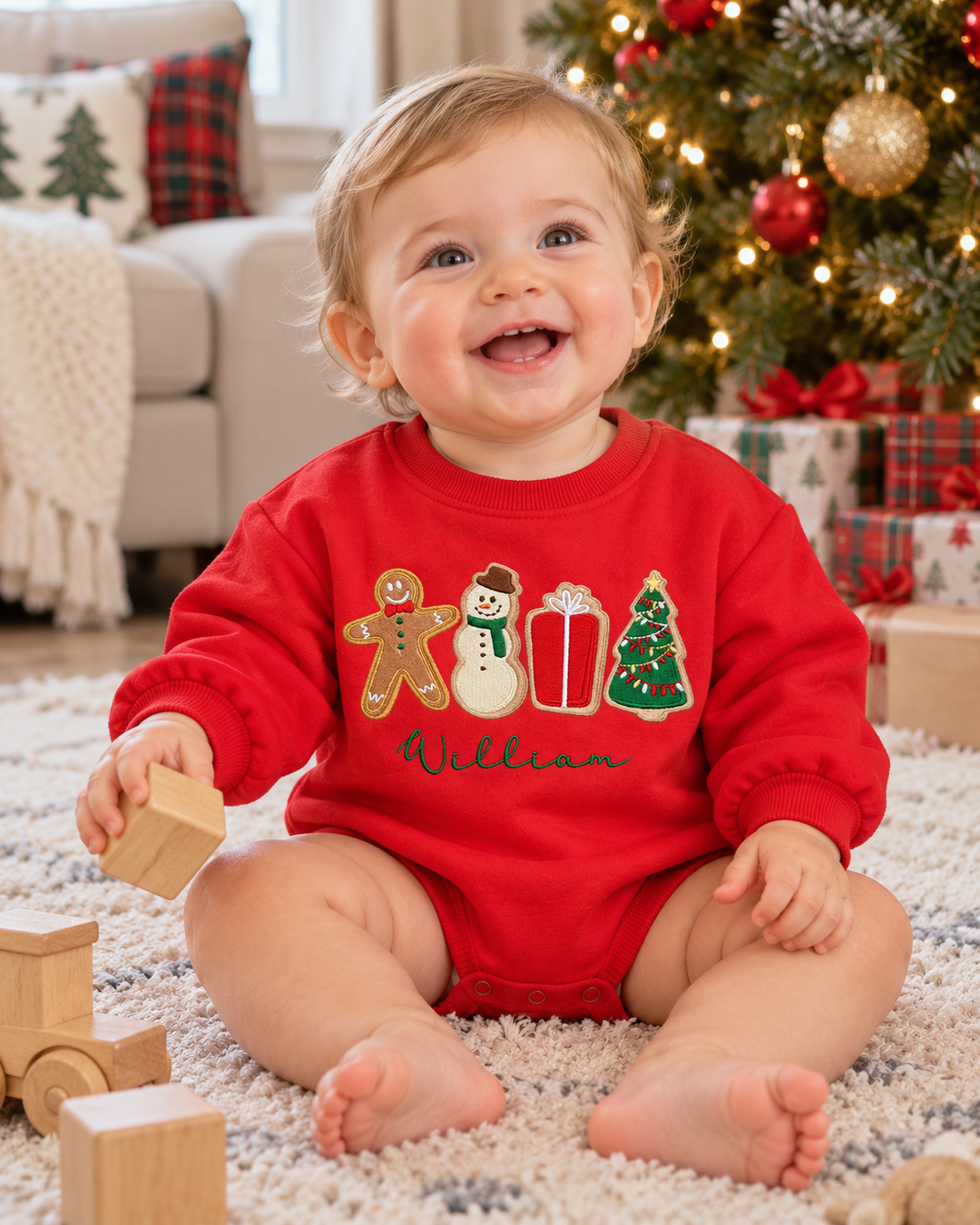 Custom Name Christmas Cookie Embroidered Sweatshirt Bubble Romper