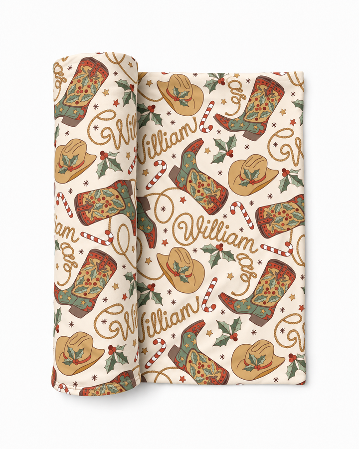 Custom Name Western Christmas Cowboy Bamboo Swaddle Blanket