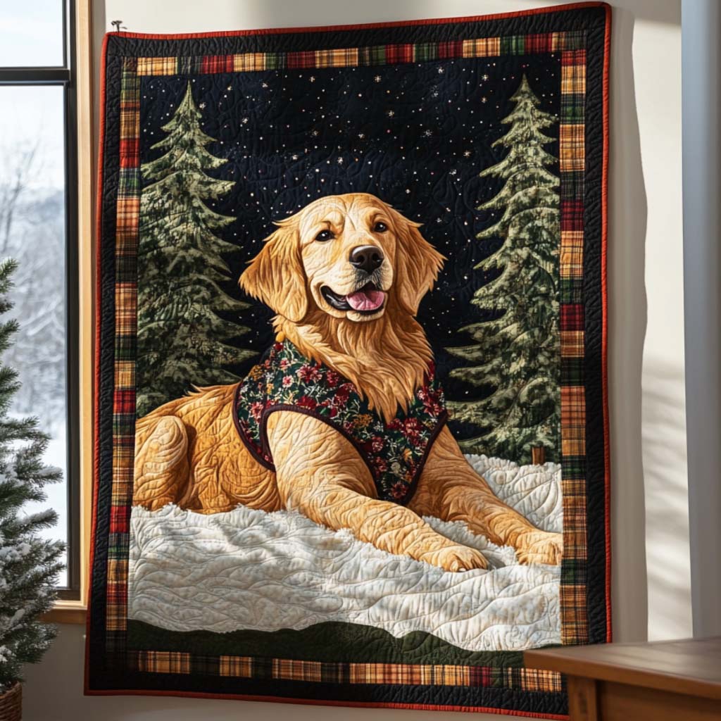 Winter Forest Golden Retriever Bamboo Quilt Blanket