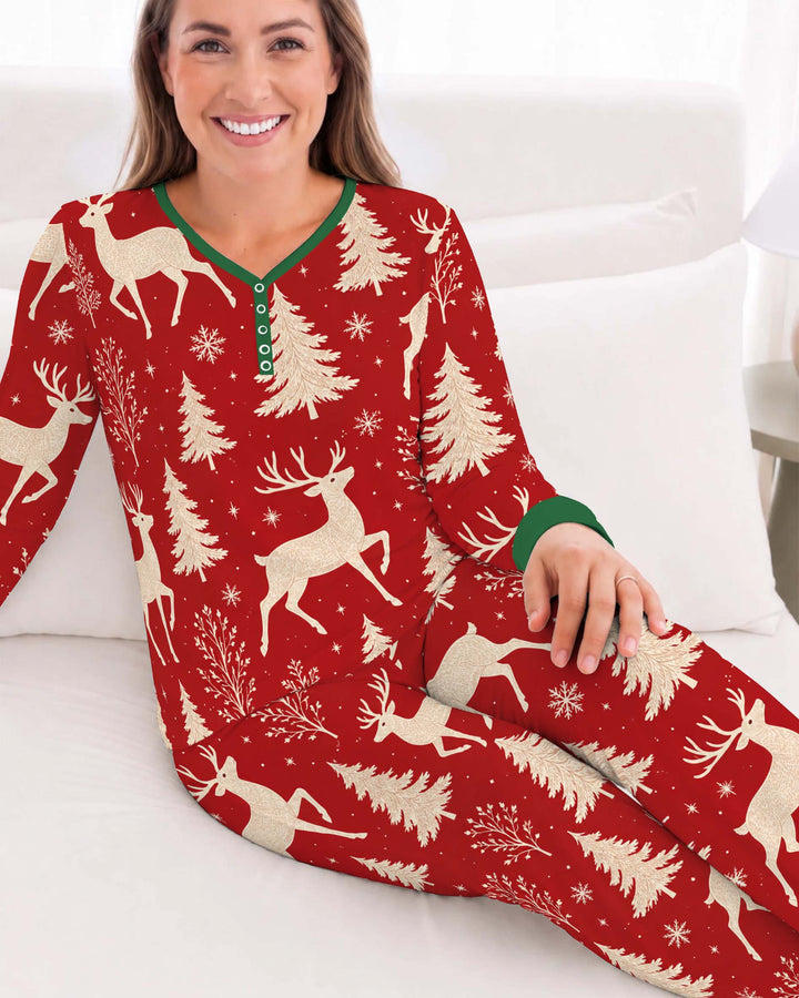 Winter Reindeer Christmas Forest Bamboo Women Pajama Set