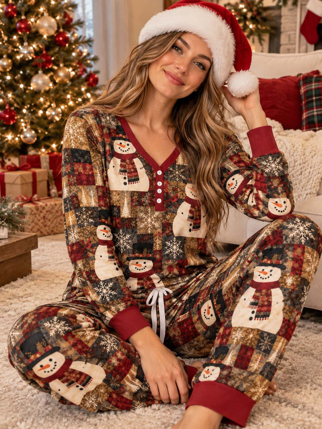 Winter Snowman and Cardinal Bamboo Women Pajama Set