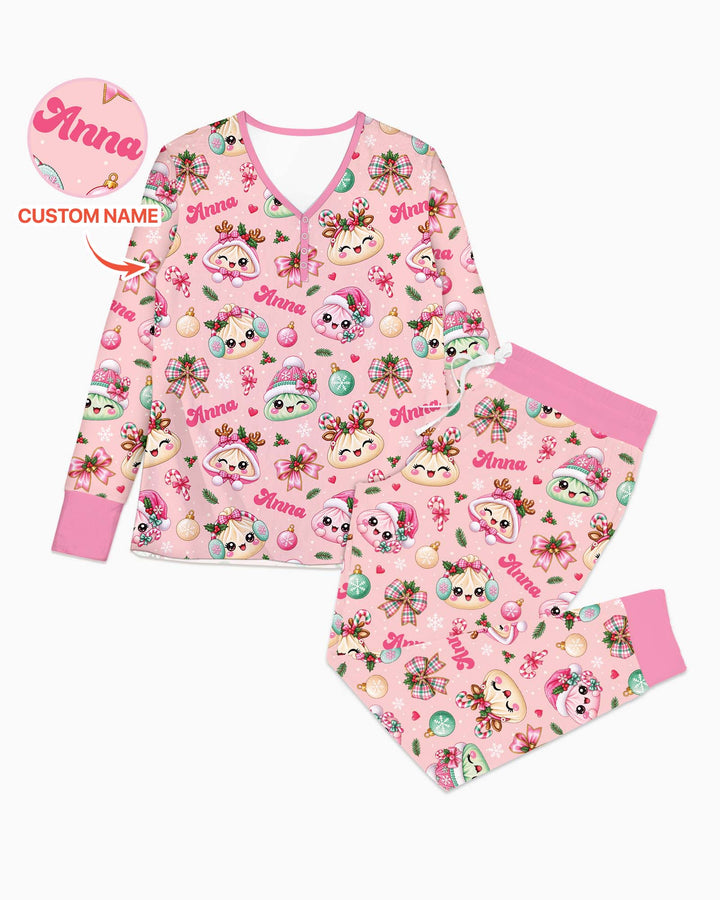 Custom Name Kawaii Christmas Dumpling Bamboo Women Pajama Set