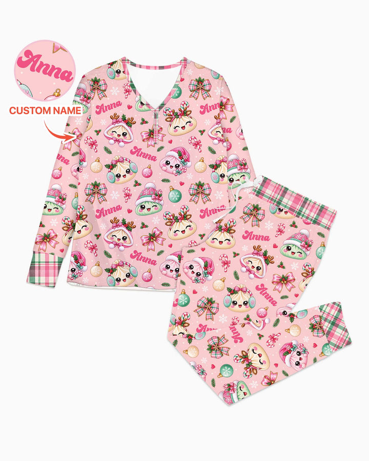 Custom Name Kawaii Christmas Dumpling Bamboo Women Pajama Set