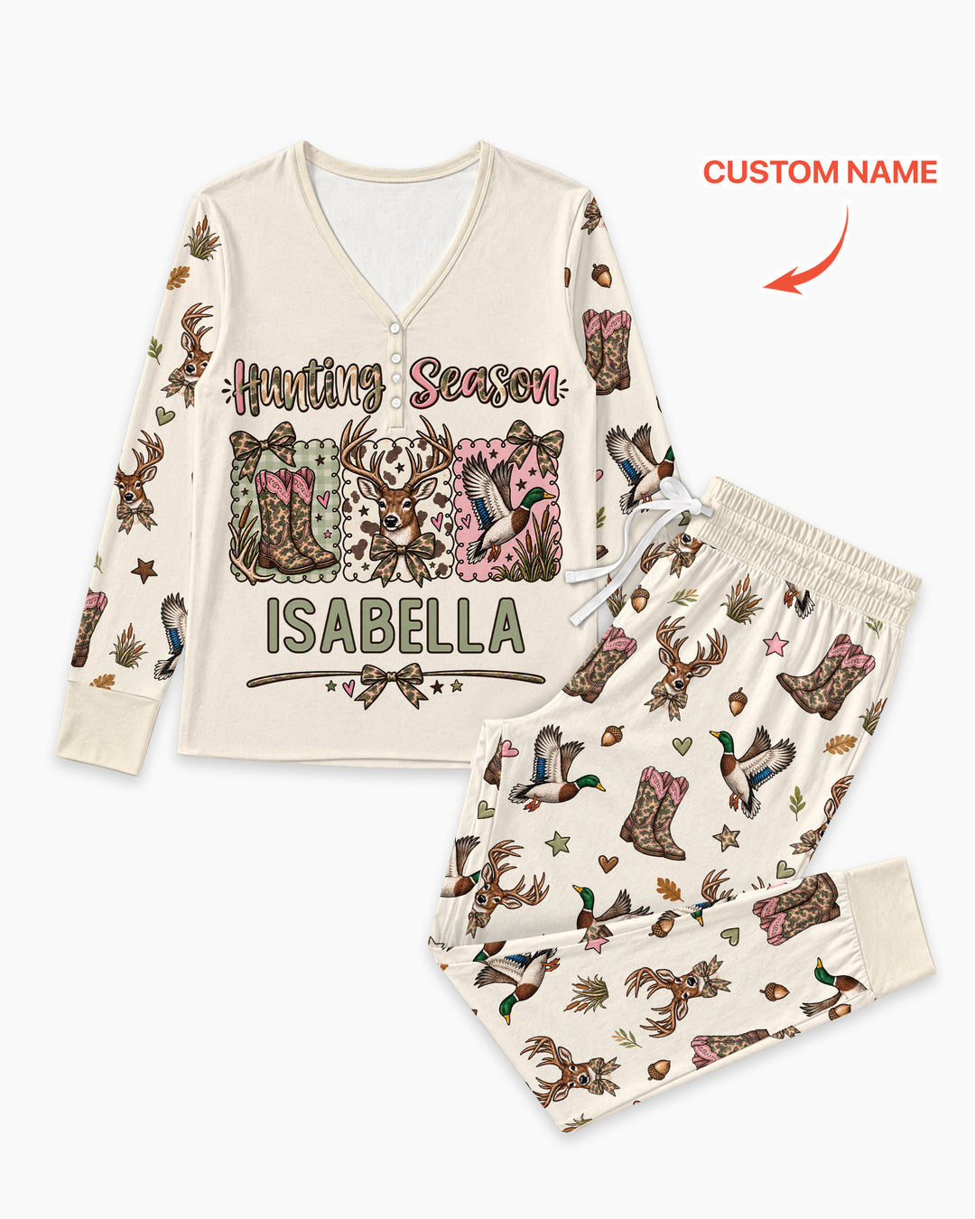 Custom Name Preppy Camo Bow Bamboo Women Pajama Set