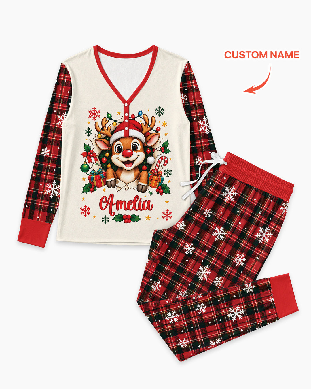 Cute Reindeer in Santa Hat Bamboo Women Pajama Set