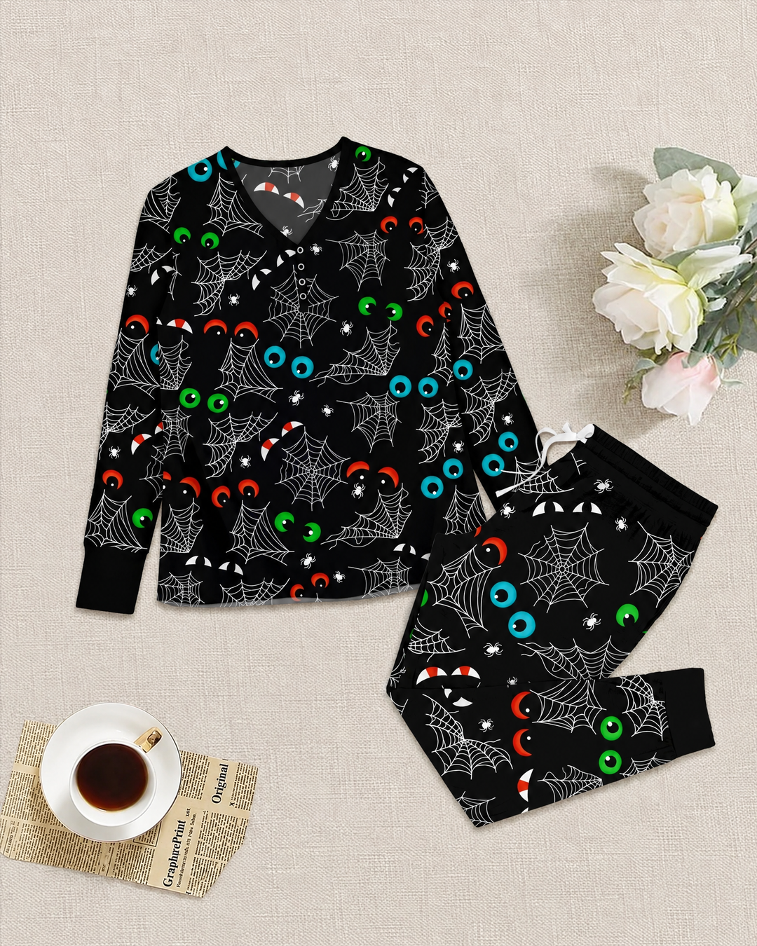 Glow In The Dark Creepy Spiderweb Bamboo Women Pyjamas Set