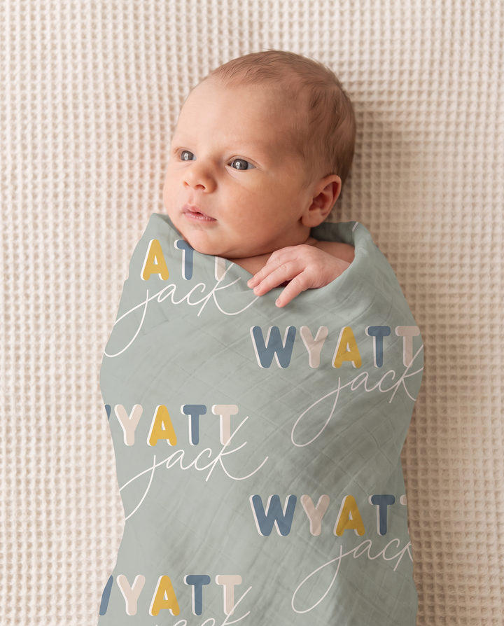 Personalized Baby Name Dusty Moss Retro Bamboo Swaddle Blanket