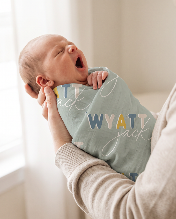 Personalized Baby Name Dusty Moss Retro Bamboo Swaddle Blanket