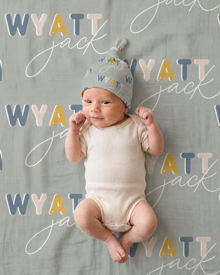 Personalized Baby Name Dusty Moss Retro Bamboo Swaddle Blanket
