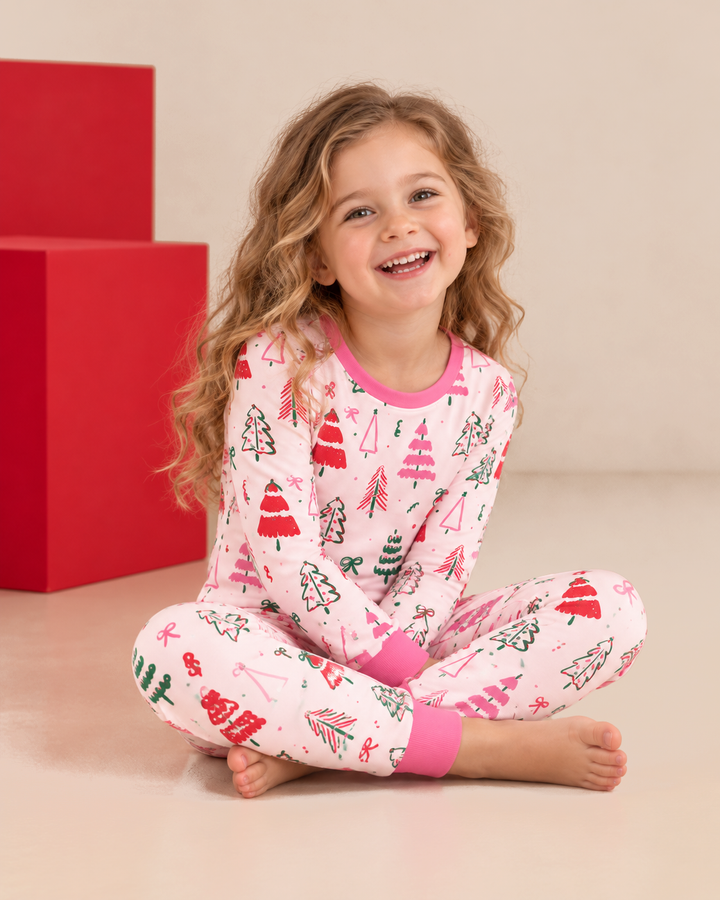 Pink Christmas Tree Farm Bamboo Two Piece Long Sleeve Pyjamas Set