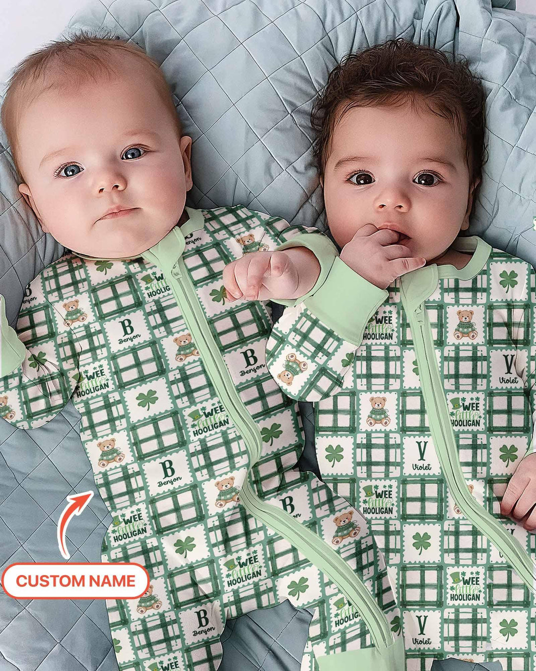 Custom Name Teddy Bear Gingham St. Patrick's Day Bamboo Convertible Zippy