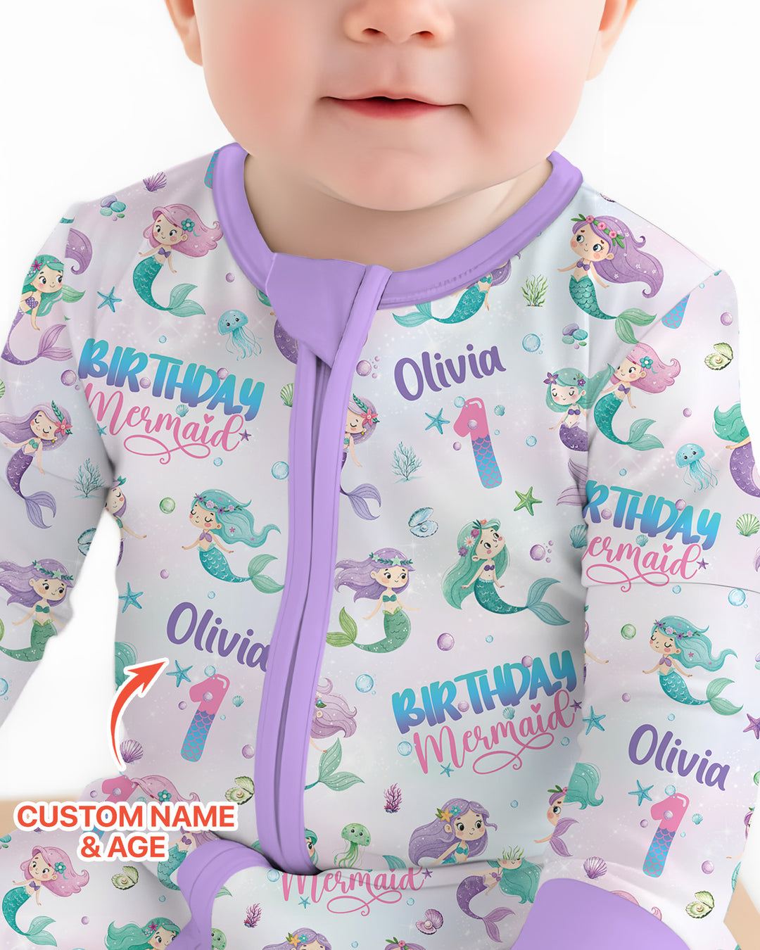 Custom Name and Age Birthday Mermaid Bamboo Convertible Zippy